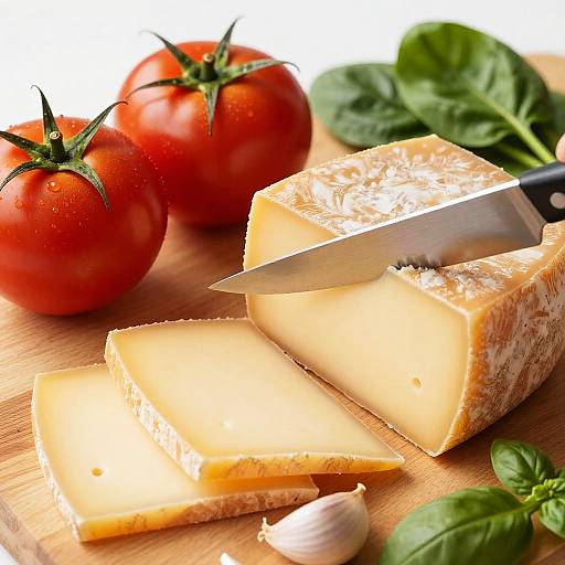 Sliced Yellow Cheese with Fresh Tomatoes and Greens