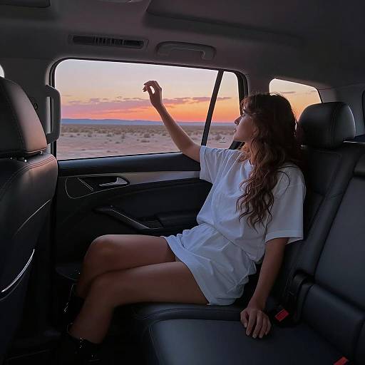 Woman Relaxing in Luxury Car at Sunset
