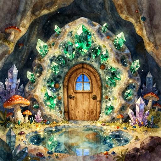 Whimsical watercolor painting of a glowing, crystal-adorned wooden door in a cave, surrounded by colorful crystals, mushrooms, and a reflecting