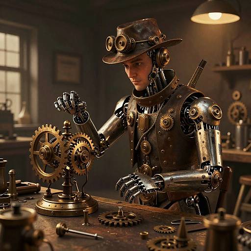 Steampunk Inventor in Cluttered Workshop