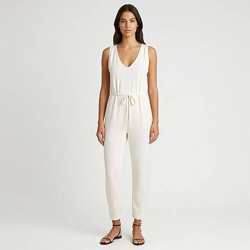 Photograph of a woman with long dark hair, wearing a white sleeveless V-neck jumpsuit and strappy sandals, standing against a plain white background