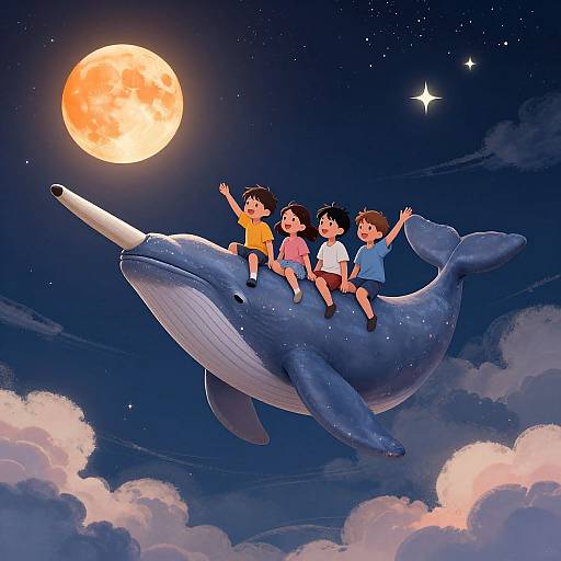 Digital artwork of three children riding a blue whale under a glowing full moon, surrounded by clouds and stars.