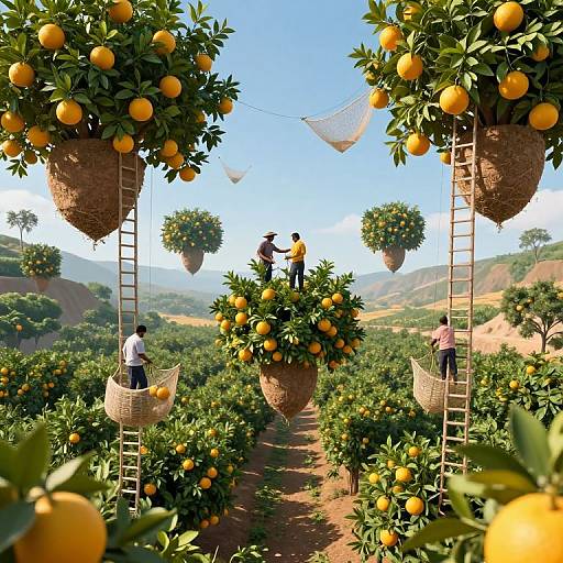 Digital artwork of a vibrant orange grove with hanging fruit baskets, ladders, and farmers harvesting oranges under a bright blue sky.