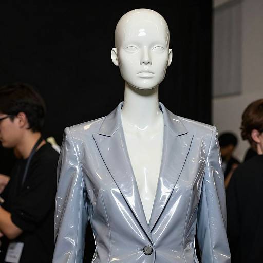 Photograph of a white mannequin with a shiny, silver, plastic blazer on a dark, blurred background with indistinct people.