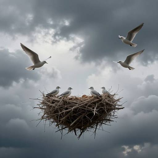 Photograph of a bird's nest with four white seagulls, three flying above and one in the nest, against a dramatic, cloudy sky.