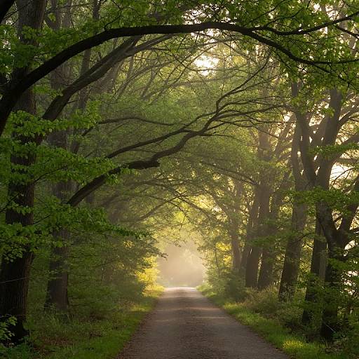 Photograph of a sunlit, narrow forest path surrounded by tall, arching green trees with bright sunlight filtering through the leaves.