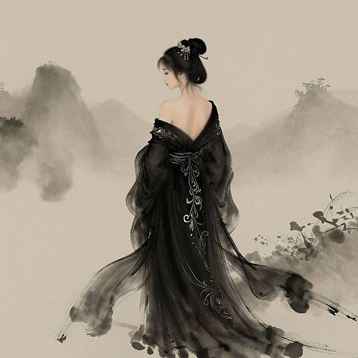 Digital illustration of an East Asian woman with black hair in a bun, wearing an off-shoulder, black, intricately patterned kimono,