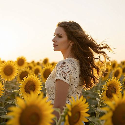 Photograph of a brunette woman with wavy hair, wearing a white lace top, standing in a sunlit sunflower field at sunset.
