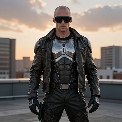Photograph of bald, muscular man in black leather jacket, sunglasses, and futuristic armor, standing on rooftop at sunset, cityscape background.