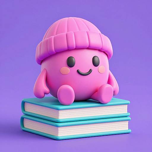 Cute, pink, round, beanie-wearing character with black eyes and smiling mouth sits on stacked blue books against purple background.