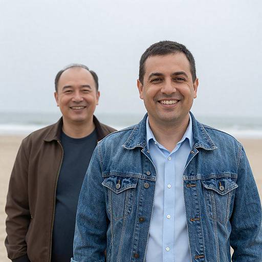 Smiling Men on a Sandy Beach