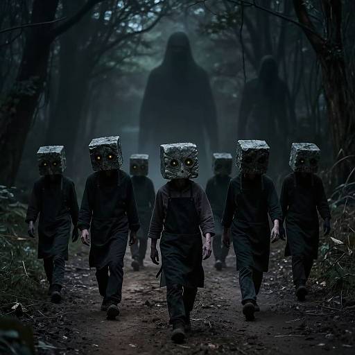 Photograph of six masked, black-clad figures with glowing eyes walking in a dark, misty forest, with a large, shadowy figure looming