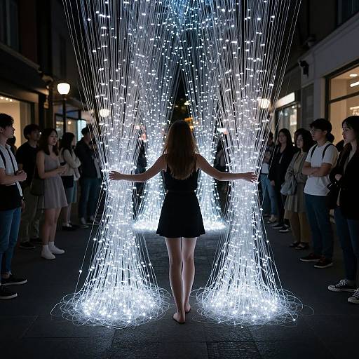 Photograph of a woman in a black dress standing barefoot in a night market, surrounded by glowing, suspended white lights, with a crowd watching.