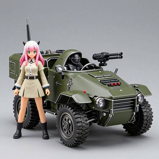 Digital anime-style drawing of a pink-haired girl in a military uniform standing beside a green, armored, tracked vehicle with a machine gun.