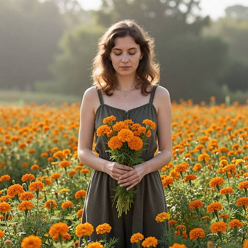 Photograph of a young woman with wavy brown hair, wearing a dark green dress, holding orange marigolds in a sunlit field of blo