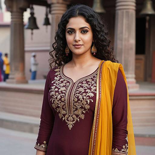Photograph of an Indian woman with long curly black hair, wearing a maroon salwar kameez with gold embroidery and yellow saree, standing