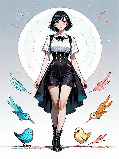 Stylish Young Woman in Black Romper with Colorful Birds