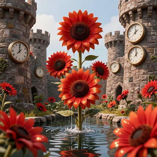 Photograph of vibrant red sunflowers emerging from a reflective pond, surrounded by medieval stone towers with round clocks, under a bright blue sky.