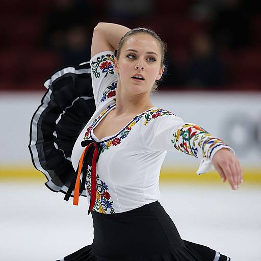 Photograph of a female flamenco dancer with fair skin, brown hair in a bun, wearing a white floral blouse and black skirt, extending her arm
