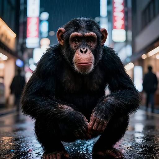 Photorealistic image of a chimpanzee crouching in a rainy, neon-lit urban street at night, with blurred pedestrians in the background.