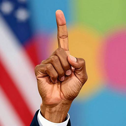 Photograph of a dark-skinned hand with index finger pointing upwards, thumb touching it, against a blurred American flag and colorful background.