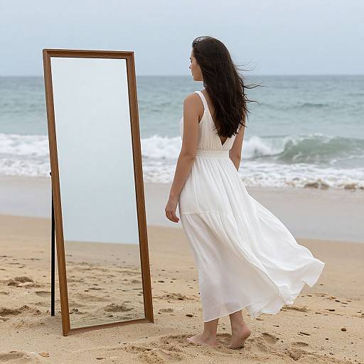 Photograph of a woman with long black hair, wearing a flowing white dress, standing barefoot on a sandy beach beside a tall, wooden-framed
