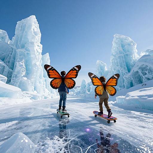 Photograph of two children with large orange butterfly wings, snowboarding on icy glacier, surrounded by towering ice formations under a clear blue sky.