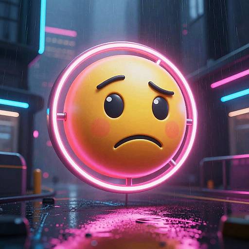 Neon-lit, rain-soaked city street with a glowing, sad emoji face in the center, illuminated by pink and blue lights. CGI artwork