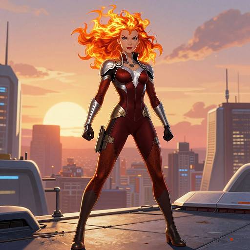 Digital art of a fiery-haired woman in a black, form-fitting suit, standing confidently on a rooftop at sunset, cityscape background.