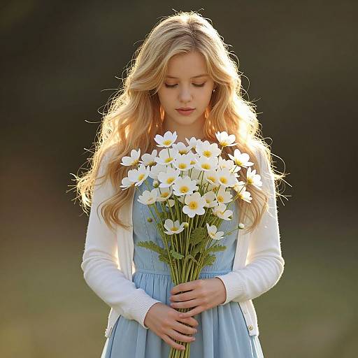 Blonde woman with wavy hair, wearing a white cardigan and blue dress, holds a bouquet of white daisies, softly lit in natural