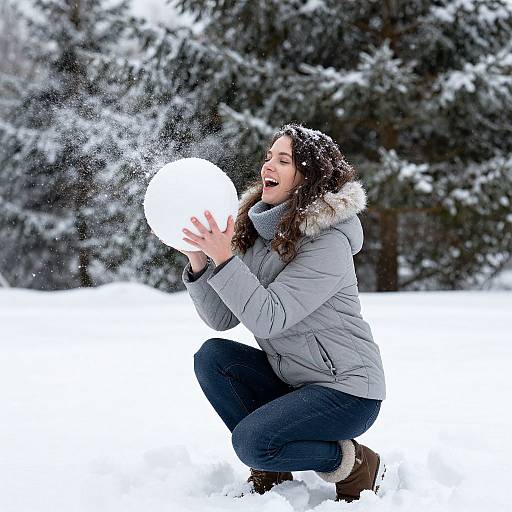 Photograph of a smiling woman with curly brown hair, wearing a grey winter coat and dark jeans, crouching in snowy forest, joyfully holding
