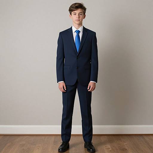 Photograph of a young man with light skin, brown hair, and a serious expression, wearing a navy suit, white shirt, and blue tie,