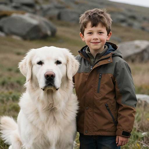 Cheerful Boy and Golden Retriever Portrait