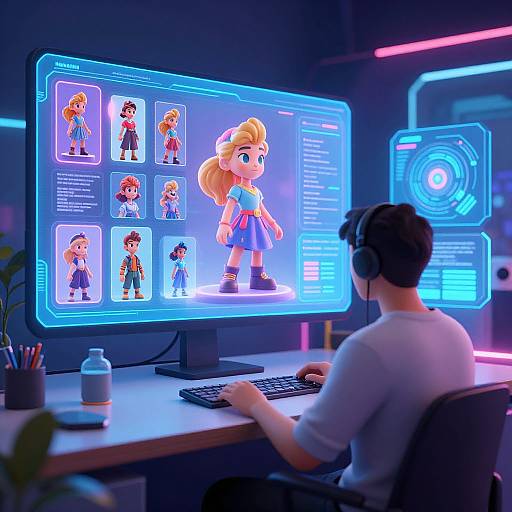 Photograph of a person with headphones, seated at a desk, working on a glowing blue computer screen displaying animated characters. Neon lights illuminate the dark room