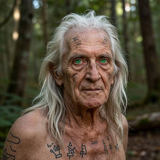 Photograph of an elderly man with long white hair, green eyes, and tattoos on his face and chest, standing in a forest.