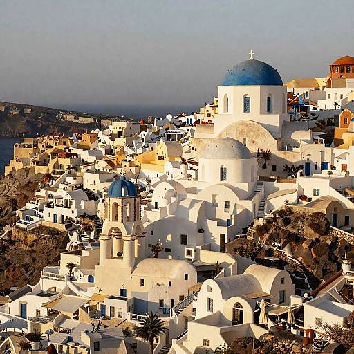 Photograph of a sunlit, whitewashed Greek island town with blue domes and cross-topped buildings, surrounded by rocky terrain and clear sky