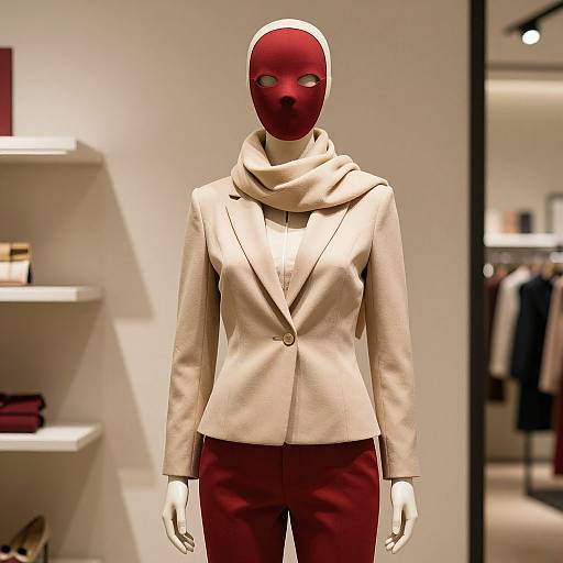 Photograph of a mannequin wearing a red mask, beige blazer, red pants, and beige scarf, in a brightly lit clothing store.