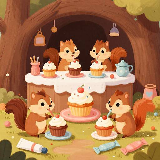 Whimsical Chipmunks Decorating Cupcakes