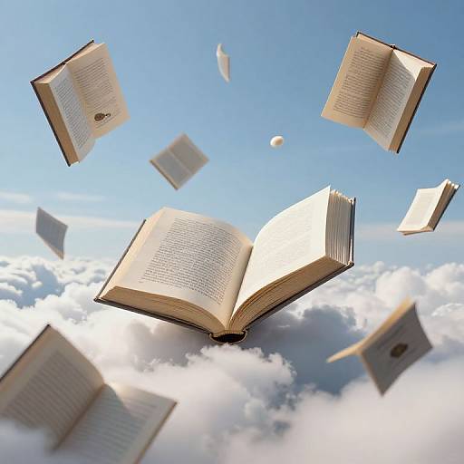 Photograph of open books floating in a bright blue sky with white clouds, giving a dreamy, ethereal atmosphere.