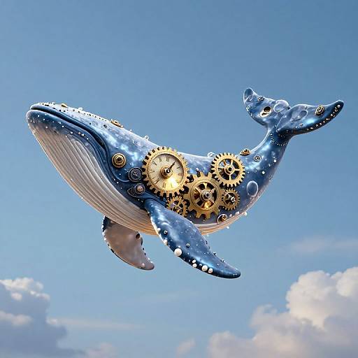 Photograph of a blue, whale-shaped steampunk sculpture with gold gears, floating against a clear blue sky with fluffy clouds.