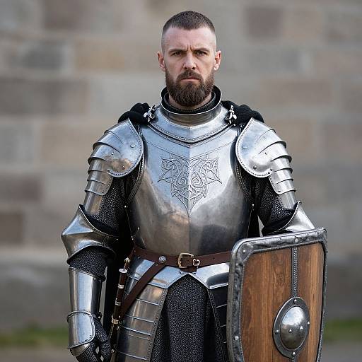 Photorealistic CGI of a serious, bearded medieval knight in shiny silver armor with intricate designs, holding a wooden shield, standing against a stone wall