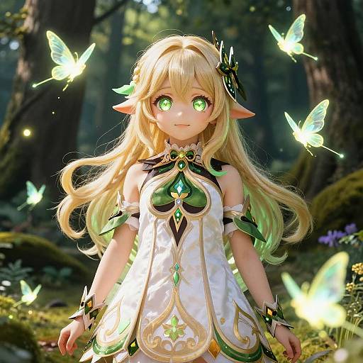 Digital anime-style artwork of a blonde, green-eyed elf girl with pointed ears, wearing a white and green ornate dress, surrounded by glowing butterflies in