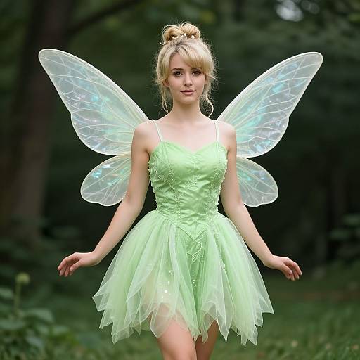 Photograph of a blonde fairy with translucent wings, wearing a light green, sparkly, sleeveless tulle dress, standing in a forest.