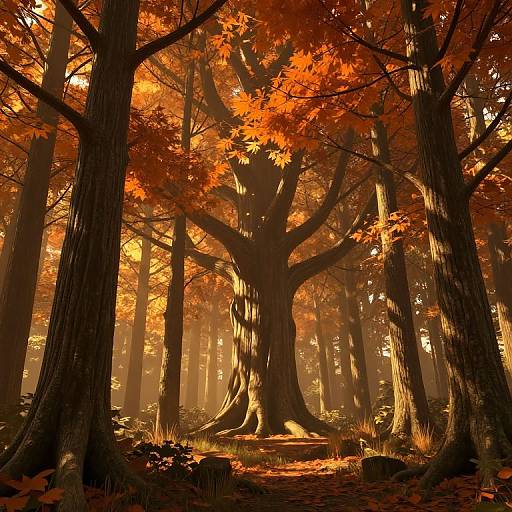Photograph of a sunlit forest with towering trees, vibrant orange autumn leaves, dark tree trunks, and dappled sunlight filtering through.
