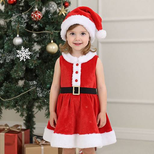 Photograph of a cute, young girl with light brown hair, wearing a red Santa dress with white fur trim, black belt, and Santa hat,