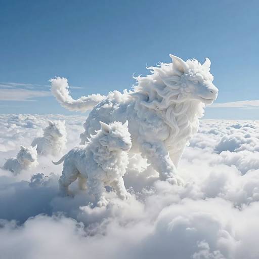 Photorealistic CGI of a white, fluffy, mythical wolf-like creature soaring above a sea of clouds under a bright blue sky.