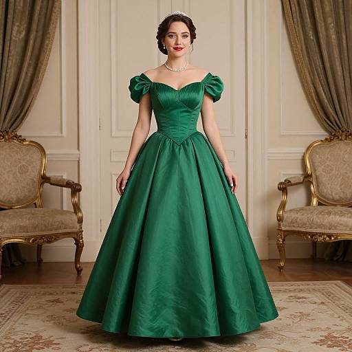 Photograph of a fair-skinned woman in a vintage-style, emerald green ball gown with puffed sleeves, pearl necklace, and tiara,