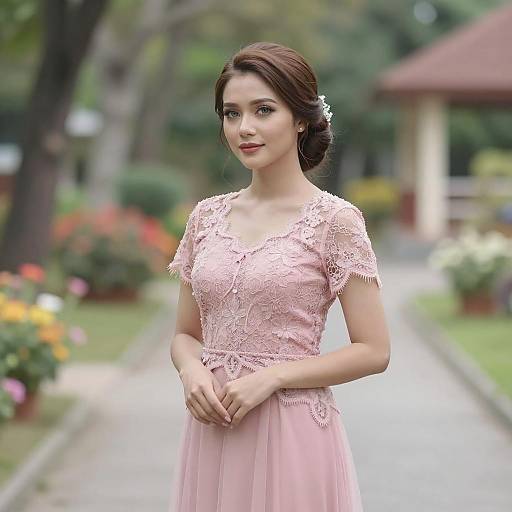 Young Woman in Elegant Pink Lace Bridesmaid Dress Outdoors