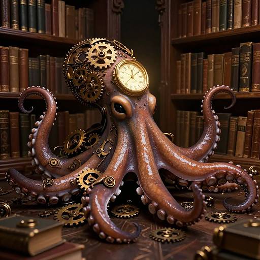 Steampunk octopus lamp with glowing eye, gears, and metallic tentacles in a dimly lit, book-filled library. Photorealistic CGI