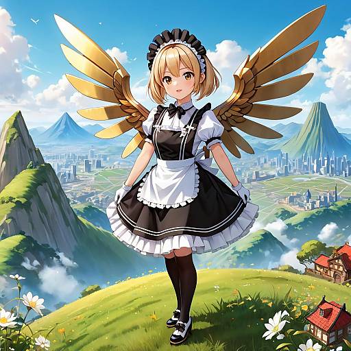 Anime-style illustration of a blonde maid with golden wings standing on a green hill, overlooking a vibrant cityscape with mountains.
